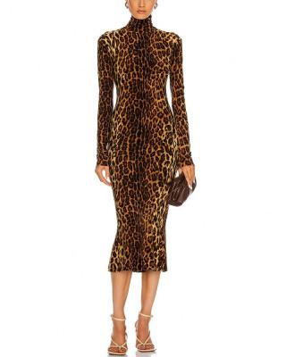 China Anti-Static Leopard Animal Print Turtle Neck Long Sleeve Fishtail Dress for sale