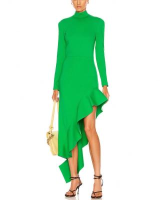 China Anti-Static Asymmetrical Edge Ruffle Mockneck Green Heavy Knit Dress for sale