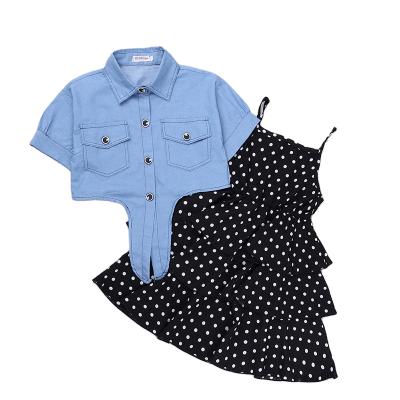 China Anti-wrinkle denim jacket + wave point suspender short sheath skirt set girl dresses for sale