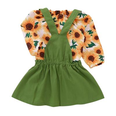 China Washable Sunflower Long Sleeve + Green Strap Skirt Set Kids Wear Girl Dresses for sale