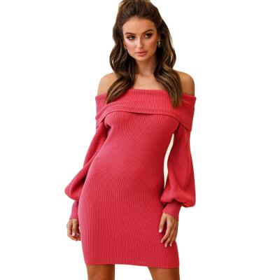 China Breathable new sale knit ribbed skirt one-shoulder lantern sleeve dress autumn and winter new dress for sale