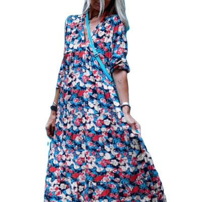 China New Fashion Anti-static V-neck Long Skirt Women's Vacation Sweet Style Printed Sleeve Dress for sale