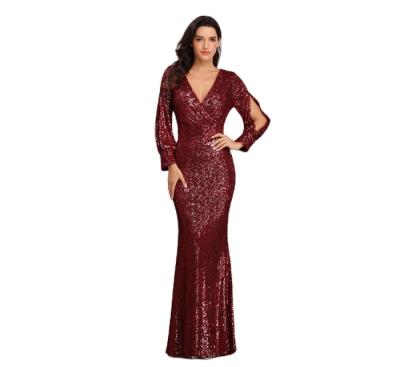 China Hot-selling Breathable V-neck Women's Sequined Fishtail Fishtail Evening Dress 2XL Long Sleeve Dress for sale