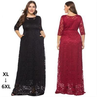 China High Quality Plus Size 6XL Evening Dress New Style Lace Breathable Pocket Hollow Dress Long Skirt for sale