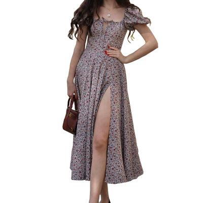 China New design summer style women floral casual dress highleg puff sleeve breathable fashionable dress for sale