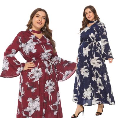 China Viable Flared Long Sleeve V-Neck Collar V-Neck Print Plus Size Dress for sale