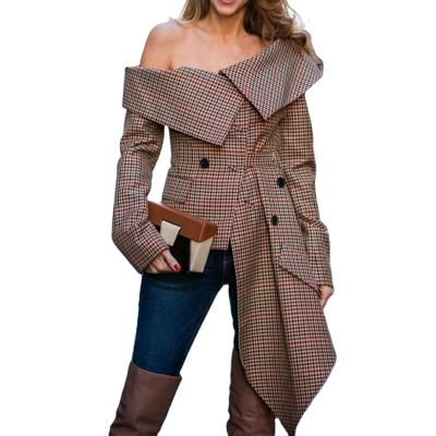 China New Fashion Anti-wrinkle Long Sleeve Shirt Coat Women's One-Shoulder Button Quilting Asymmetrical Plaid Coat for sale