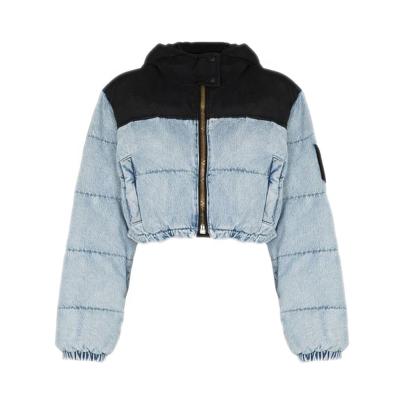 China Qingzhihuo OEM fashion color-block patchwork denim cotton coat women hooded jeans Anti-wrinkle puff jacket plus size overcoat for sale