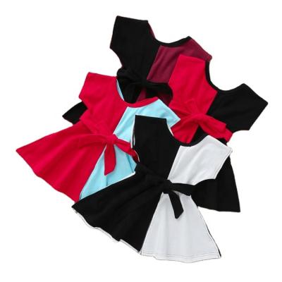 China OEM Factory Custom 2 Colors Breathable Color Blocking Bow Short Sleeve Kids Dress Girls Casual Dress for sale