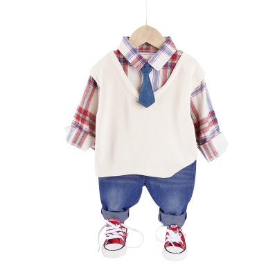 China Baby Boy Casual Dressing Outfit Kids Party Dressing Set Plaid Shirt + Jeans Pants Clothes for sale