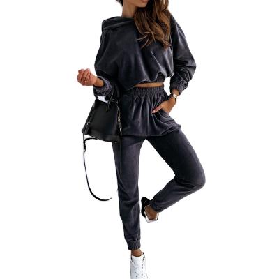 China Anti-pilling women's velvet tracksuit sleeve sweatshirt solid hooded long pants set casual streetwear 2021 autumn winter women suits for sale