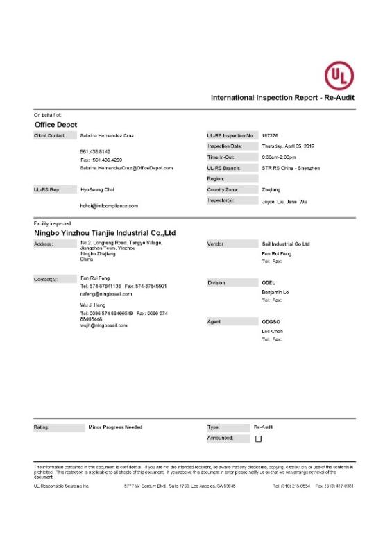 UL International inspection report - Sail Indrstrial Co.,Ltd.