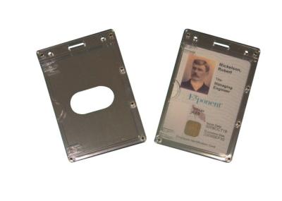 China Aluminum or AS Portrait Shielded card, Conference Name Badge Holders With thumb hole 30218 for sale