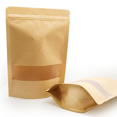 China Brown Recyclable Custom Ziplock Food Packaging Pouch Coffee Stand Paper Biodegradable Bags With Window for sale