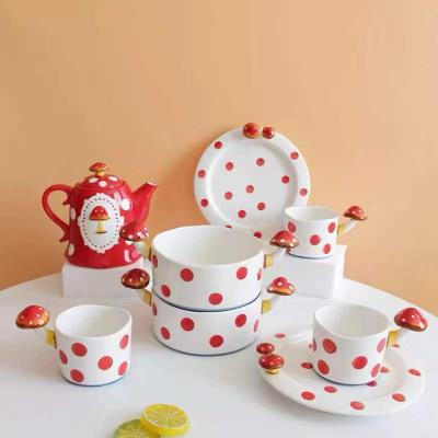 China Sustainable High Quality Tea Set Dinnerware Sets Cute Polka Dot Design Mushroom Dishes Dishes for sale