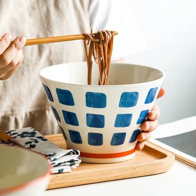 China Viable Japanese Style Ramen Bowl Noodle and Restaurant Stoneware Hand Painted Large Ceramic Soup Bowls for sale