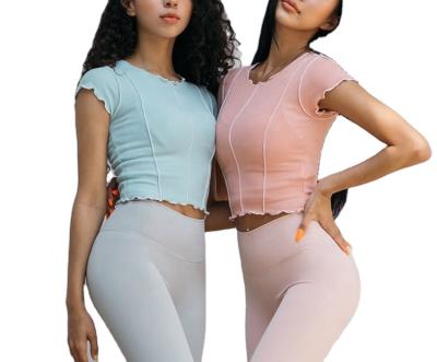 China New Ruffle Sport Slim Sleeve Women's Shorts Yoga Fitness Breathable Culture Crop Top T-shirt Wear for sale