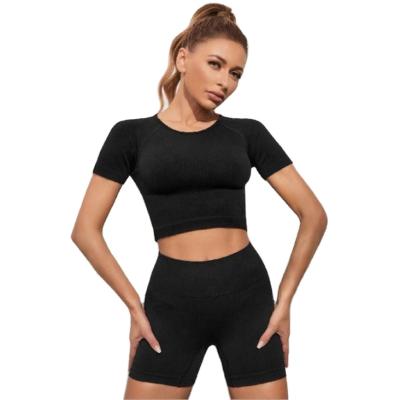 China New Breathable Solid Color Fitness Women Yoga Shorts Short Sleeve T-shirts Workout Gym Fitness Two Piece Sets for sale