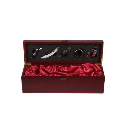 China Viable Luxury Wine Gift Box Set With 5 Pieces Wooden Box Gift Tools Set With Wine Opener Cork Wine Accessories Gift Set Bar Tools for sale