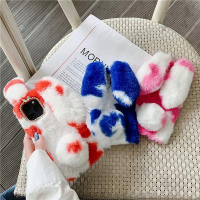 China Hot Fashion Plush Phone Case For Cute Rabbit Ears Fur Cover Furry Fluffy Phone Long Phone Case for sale