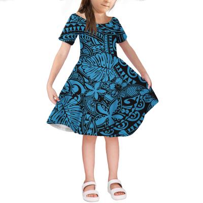 China Washable Kids Party Wear Dresses For Girls Hawaii Style Polynesian Tribal Hawaii Style Flower And Leaf Vintage Dress And Print Blue Kid Girl Clothing for sale