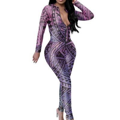 China Breathable Long Sleeve Overalls For Women Customize Design One Piece V Neck Zipper Overalls Polynesian Printing Wholesale Plus Size Overalls for sale