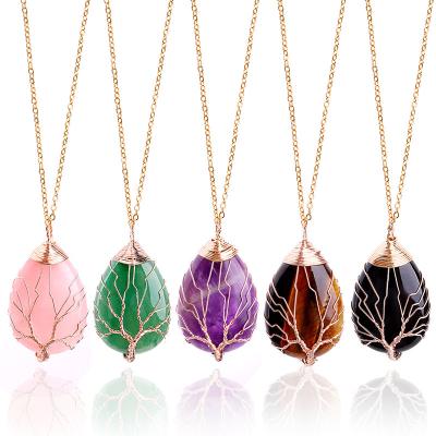 China FASHIONABLE Gold Natural Stone Crystal Tree Of Life Necklace Pendant Wire Wrapped Stone Necklace for sale