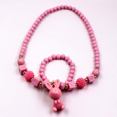 China Cute Cute Rabbit Pendant Pink Beaded Necklace and Bracelet Dress Jewelry Set for Little Girls for sale