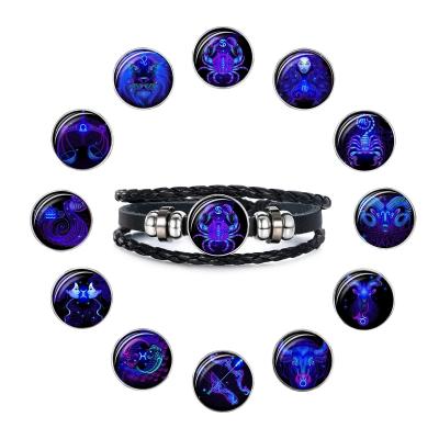 China FASHIONABLE 12 Constellation Zodiac Leather Bracelet For Women Men Women Colorful Starry Sky Constellation Glass Luminous Bracelet for sale