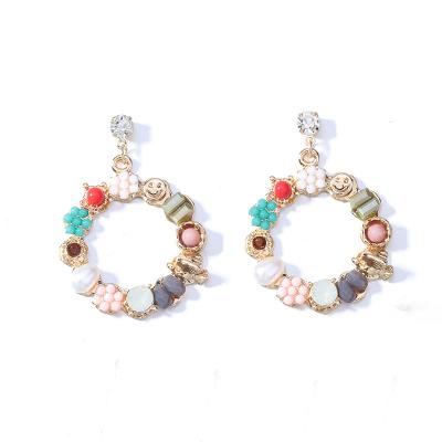 China Fashion Girls Trendy Round Pearl Crystal Flower Hoop Earrings Handmade Bohemian Beaded Circle Dangle Earring for sale