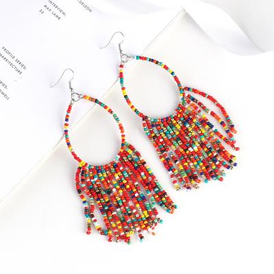 China BOHEMIA Fashion Long Tassel Boho Ethnic Hippie Handmade Seed Beads Statement Circle Dangle Earrings For Women Girls for sale