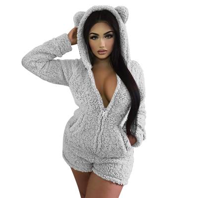 China Keep Warm Zipper Plush Loungewear Women Overalls Winter Maid Prices Hooded Cute Pajamas for sale