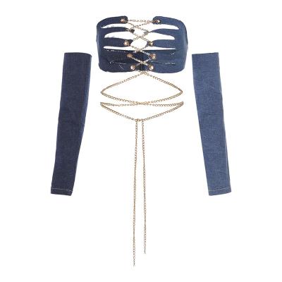 China Hot Sales Women's Anti-pilling Contrast Color Cycle Denim Chain Ties Design Small Slim Sense Vest Women With Oversleeve for sale