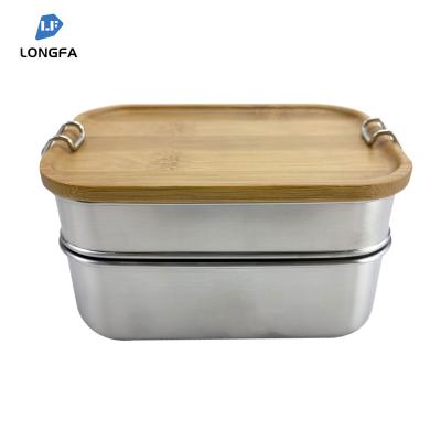 China Eco-friendly Stainless Steel Heatable Bamboo Wooden Bread Container Food Metal Cover Bento Box Steel Lunch Box for sale