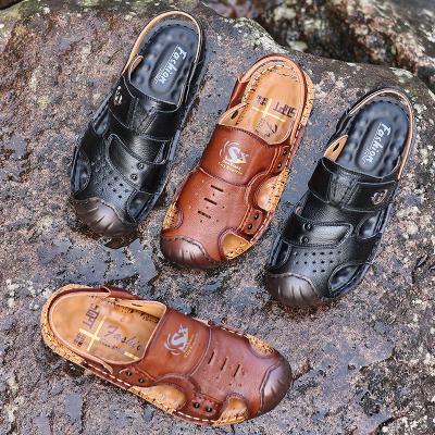 China Flat dual-use men's leather men's sandals black light cowhide casual shoes slippers sandals for sale