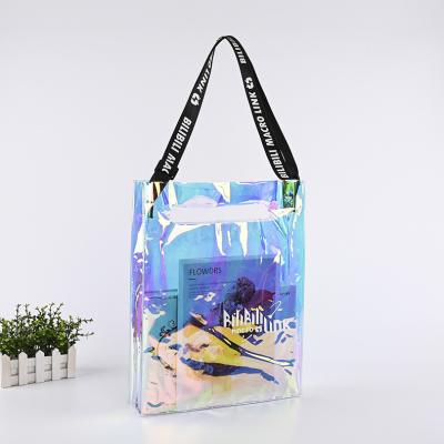 China Customized Durable Transparent Holographic Washable Clear Tote Bag Handled PVC TPU Laser Shopping Bags for sale