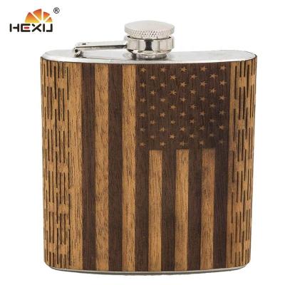 China Eco-Friendly Stainless Steel Logo Embossed Bamboo Hip Flask Custom Made With Wooden Case 5oz for sale