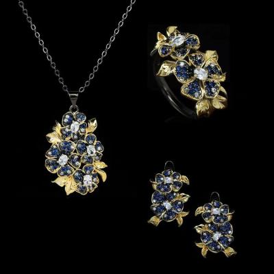 China Atmosphere Ms. Flower Color Zircon Three-Piece Suit Black Gold Ring Necklace Punk HOT Luxury Jewelry for sale