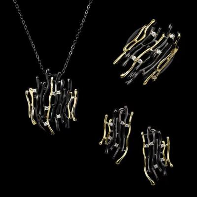 China HOT creative geometric fashion punk double-color hollow out black gold three-piece necklace gold-plated earrings ring personality host for sale