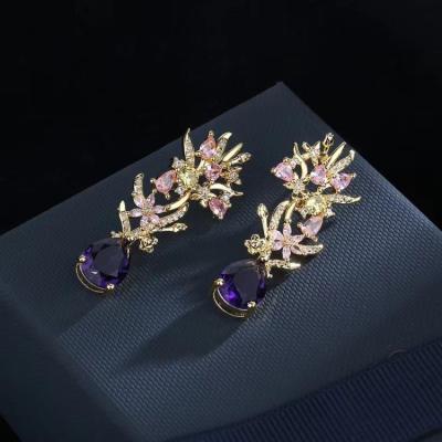 China Romantic manufacturers selling European and American luxury fashion set colorful temperament flower earring drill dig catwalk for sale