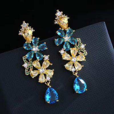 China Fashion stiletto earrings flower zircon color Bohemia female stud earrings heavy personality euramerican silver HOT romantic new earrings for sale