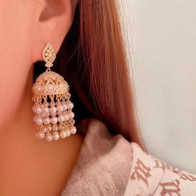 China FASHIONABLE hot style exaggerated birdcage pearl gold earrings fashion lanterns zircon tassel wind chime bells earrings lavish retro banqu for sale