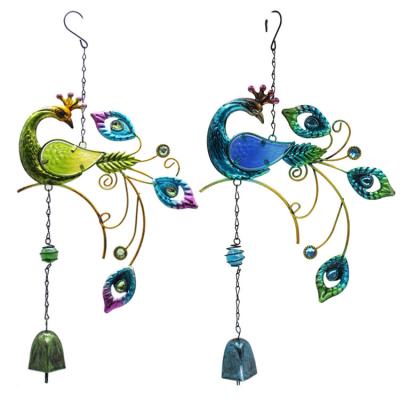 China 2022 Europe Factory Creative Peacock Wind Chime Metal Wind Chime Garden Balcony Hanging Painted Glass Pendant for sale