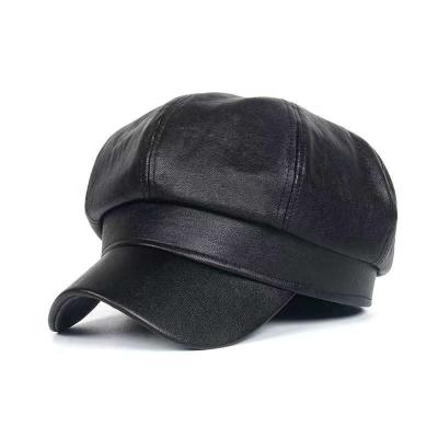 China Fashion \ Fashion Octagon Fishbone Hat Women PU Beret Hats 8 Angles Faux Leather Hats Simple Raw Beret Wholesale Comfortable \ Durable Hats for sale