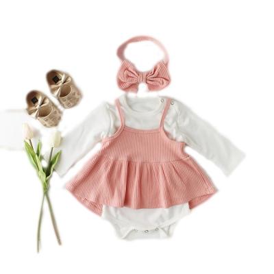 China 2022 Old Baby Casual Cotton Suspender Butterfly Long Dress Top Headwear 3 Piece Set Sets Princess Baby Clothes Girl Outwear Set for sale