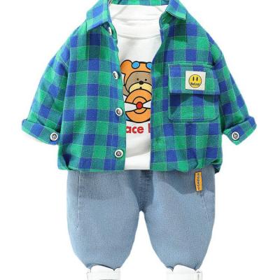 China Anti-wrinkle kids style plaid cardigan western shirt three sets spring and autumn new boys casual suit children's clothing for sale