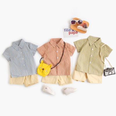 China Anti-wrinkle Summer Baby Clothes Korean Plaid Cotton Shorts Sleeve Shirt and Shorts Two Pieces Baby Clothing Sets Newborn Baby Clothes for sale