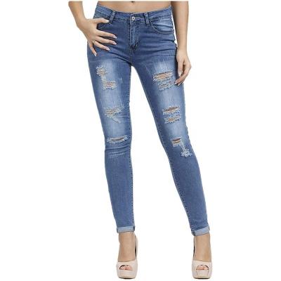 China Color Fade Proof Distressed Super Comfortable Stretch Mid Waist Ripped Skinny Women Jeans for sale