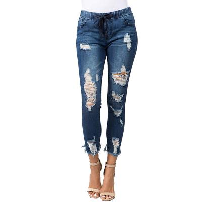 China Color Fade Proof Women Casual Ripped Jeans With Elastic Waistband for sale