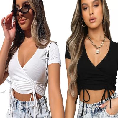 China Fashion Drawsting Breathable V-Neck Knitted Short Sleeve Tops Women's Breathable Sexy Tops for sale